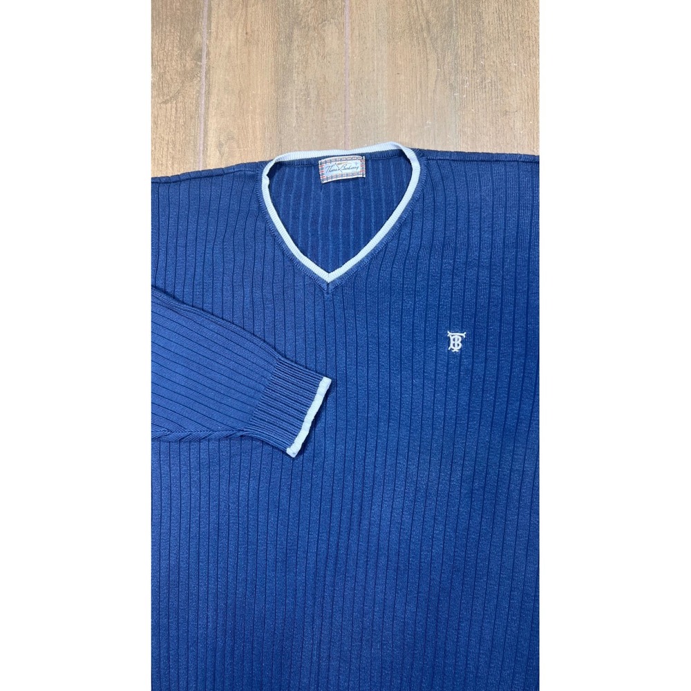 Thomas Burberry Mens Navy Blue Ribbed V-Neck Sweater Embroidered Logo XL